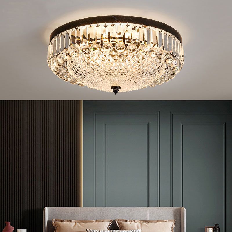 Dome Shaped Ceiling Lighting Modern Cut-Crystal Black Flush Mount Lamp for Bedroom