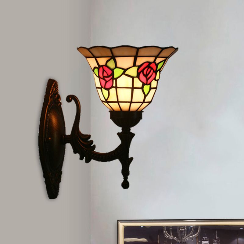Flared Wall Light Sconce 1 Bulb Stained Glass Tiffany Style Wall Mounted Lamp in Red/Pink/Blue with Floral Pattern