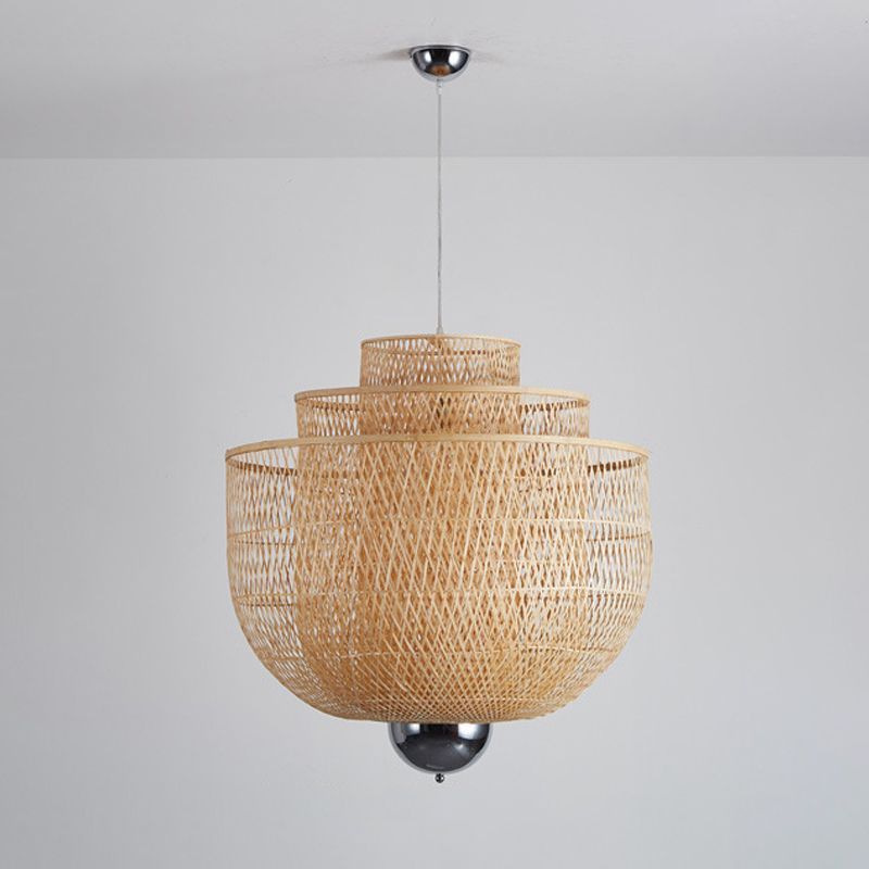 Omgekeerde 3-laags bamboe hanger lamp Modern 1-licht beige opgeschort verlichtingsarmatuur voor restaurant, 18 "/23.5" /31,5 "W
