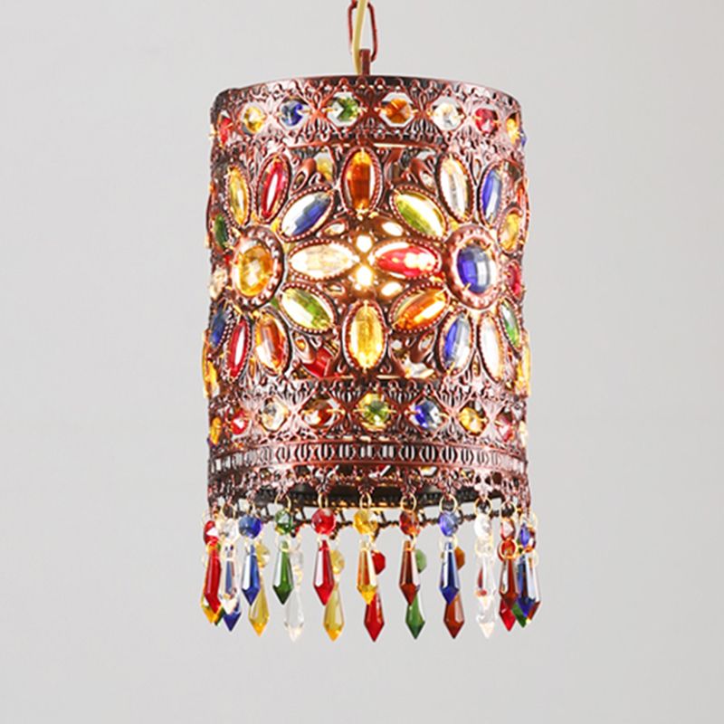 Cylinder Metal Ceiling Hang Fixture Bohemian 1 Light Dining Room Pendant Lamp in Copper