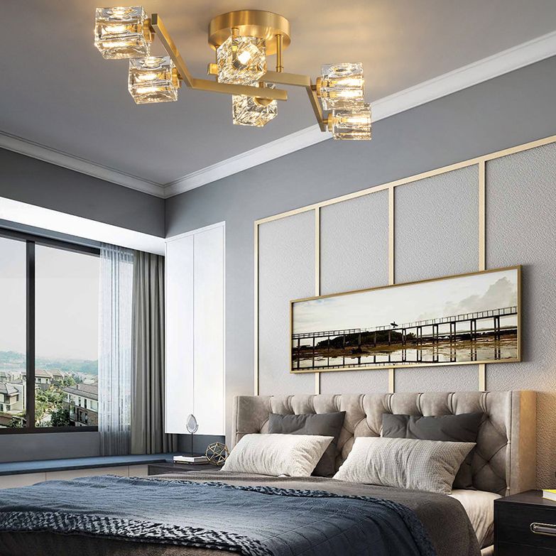 Modern Luxury Style LED Semi Flush Mount Polished Brass Indooe Ceiling Light with Crystal Shade