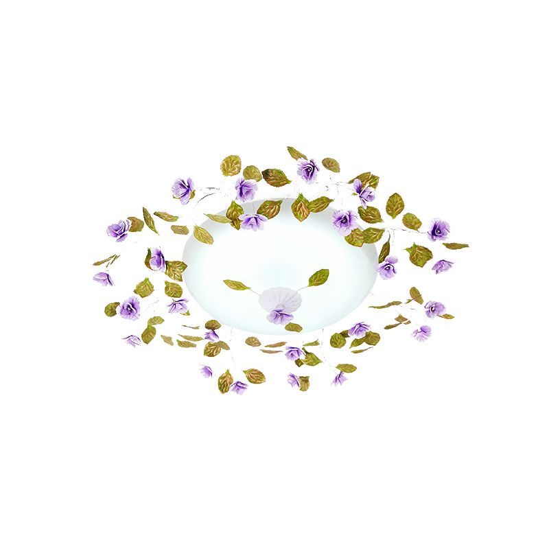 LED White Glass Semi Flush Countryside Purple Domed Bedroom Flush Ceiling Light with Flower and Leaf, 23"/28" W