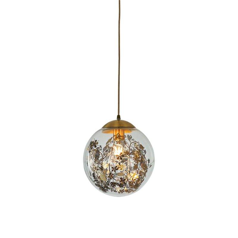 Yellow Ball Pendant Lamp Modern 1-Head Clear Glass Ceiling Light with Inner Shattered Leaves Decoration