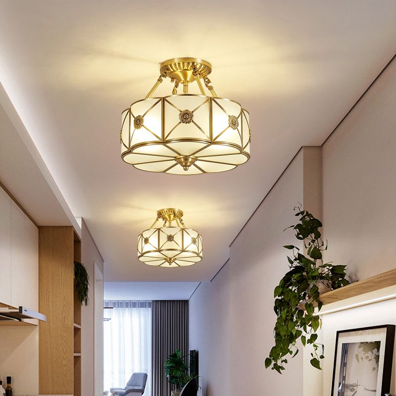 Lámpara de techo de bronce y vidrio, luz de techo de cobre de estilo colonial para dormitorio