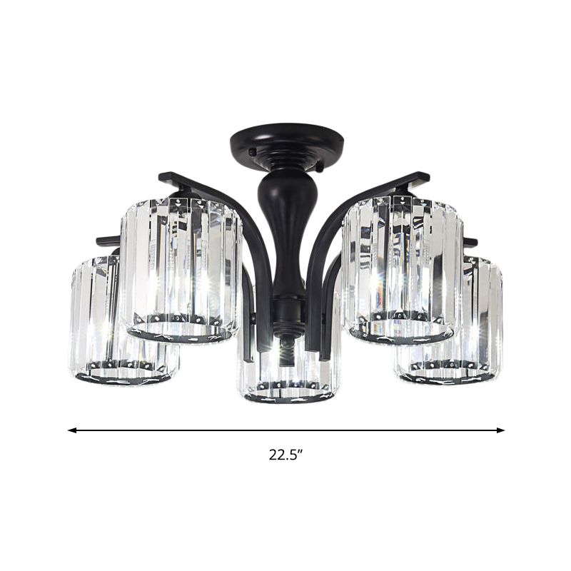 Cilinder semi-inbouwlamp met kristallen kap Scandinavisch metaal 3/5-lichts zwarte plafondlamp