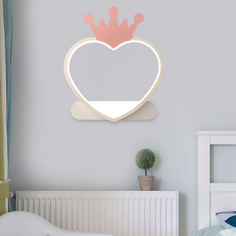 Cartoon Heart Wall Sconce Lighting Acrylic LED Nursery Wall Mount Lamp with Gold/Pink Crown Design
