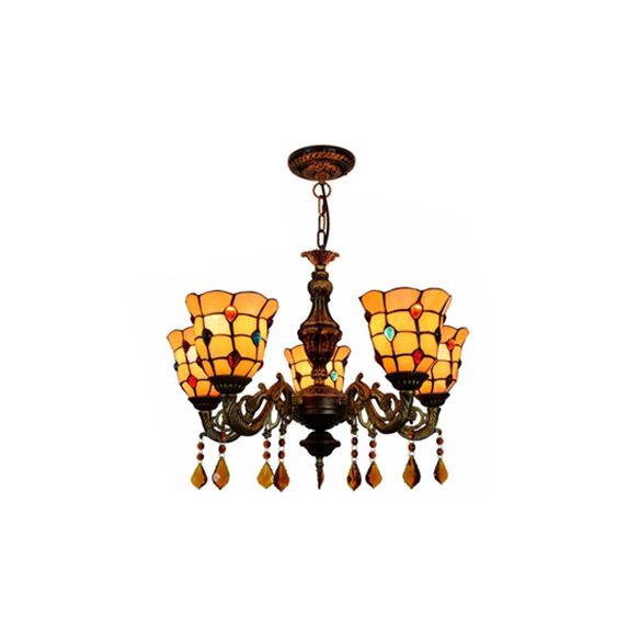 5 Lights Bell Shape Hanging Light Lodge Stained Glass Jewel Chandelier in Beige for Foyer