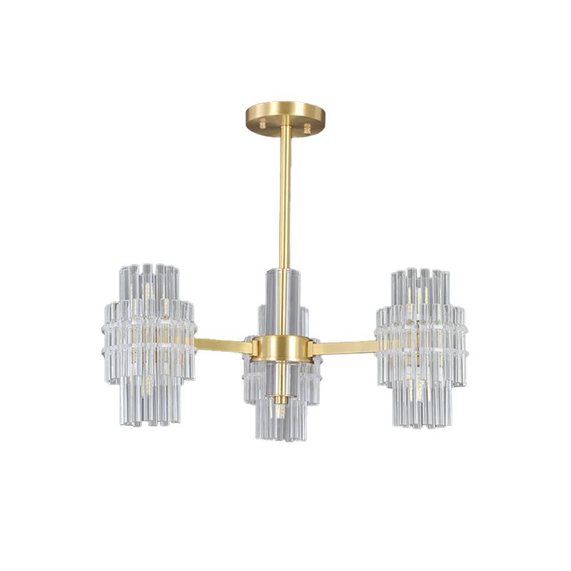 6-Light Semi Mount Lighting Postmodern Cylinder Clear Crystal Rods Close to Ceiling Light in Gold