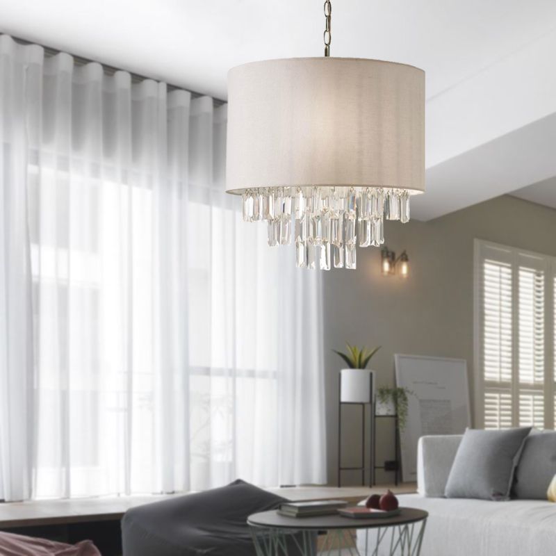 Rectangular-Cut Crystal Drum Hanging Chandelier Modern 3/4 Lights Beige Ceiling Lamp with Fabric Shade