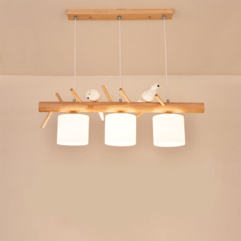 Opal Glass Cylinder Pendant Light Nordic Wood Island Light with Resin Bird Decor