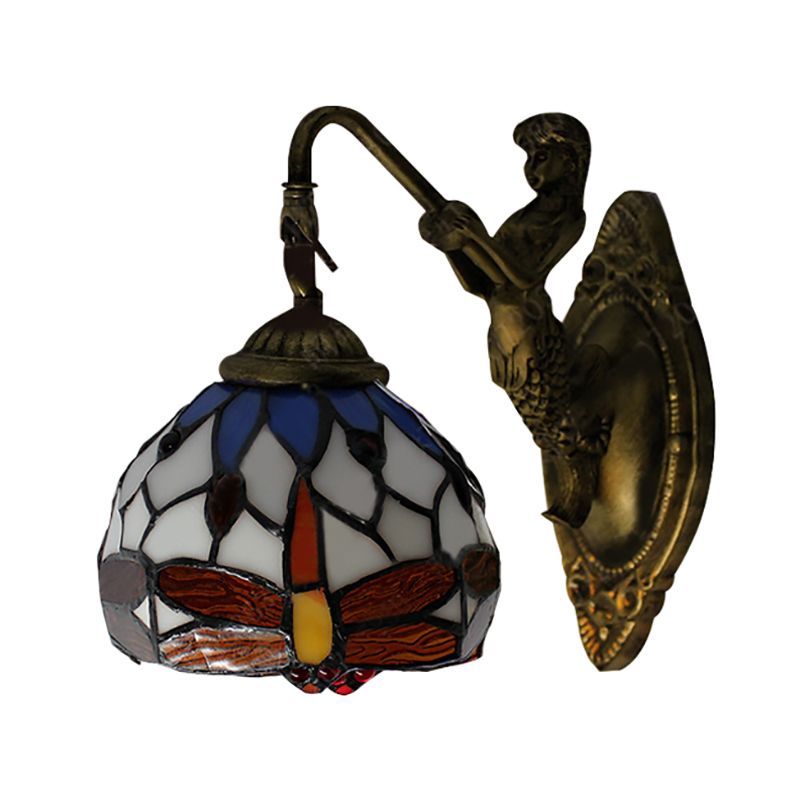 Antique Brass Dragonfly Sconce Lighting Tiffany 1 Head White Glass Wall Mounted Light