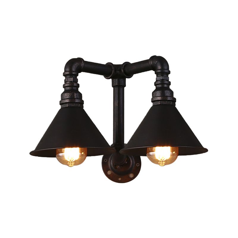 Vintage -Style -Kegelwandlampe mit Wasserrohr 2 Lichter Metallische Wandleuchte in Schwarz, 14,5/18,5 "Breite