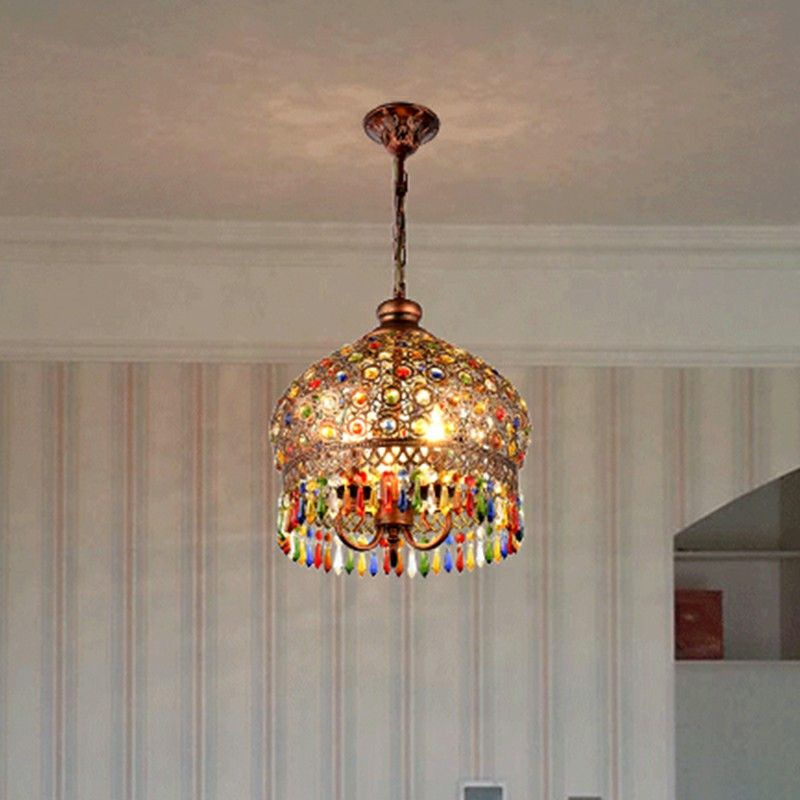 Shaded Colored Crystal Suspension Light Bohemian Restaurant Pendant Light Fixture in Copper