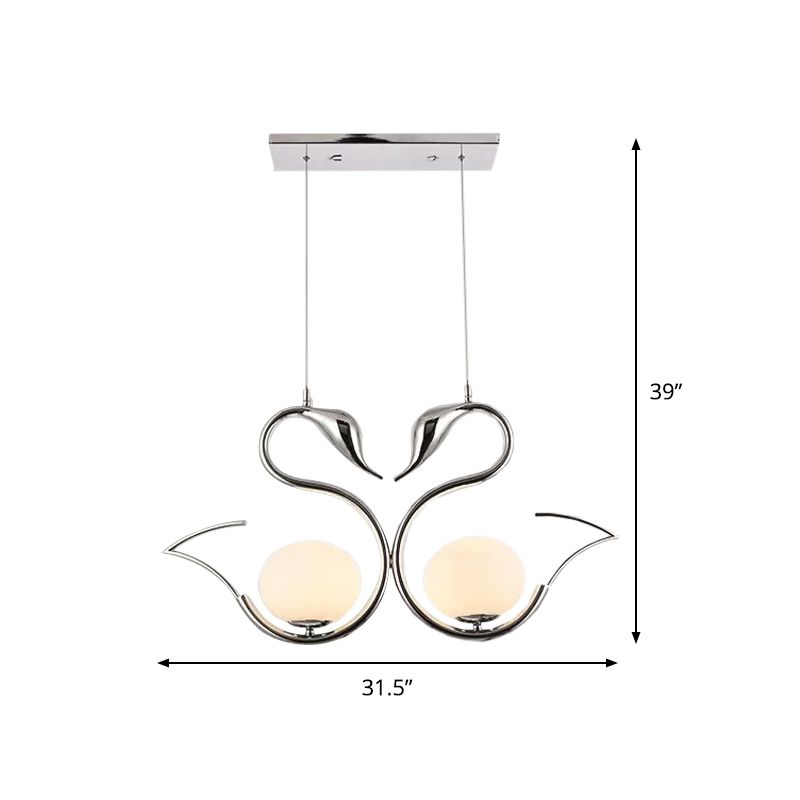 Forme de cygne métallique Multi Pendant Light moderniste moderniste 2-Light Chrome Suspension Lampe avec Orb White Grosted Glass Shade