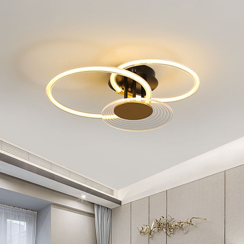 Hoops Acrylic Ceiling Mounted Fixture Contemporary 3/4 Heads Black Semi Flush Light for Restaurant