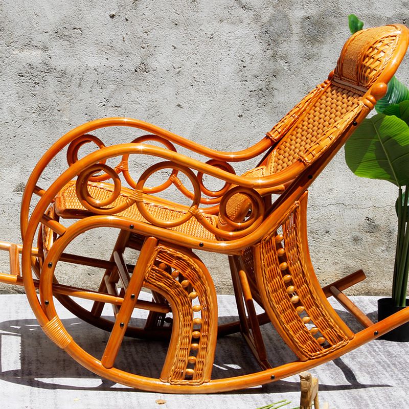 Traditional Rocking Chair Rattan Spindle Backrest Built-in Armrest Indoor Rocking Chair