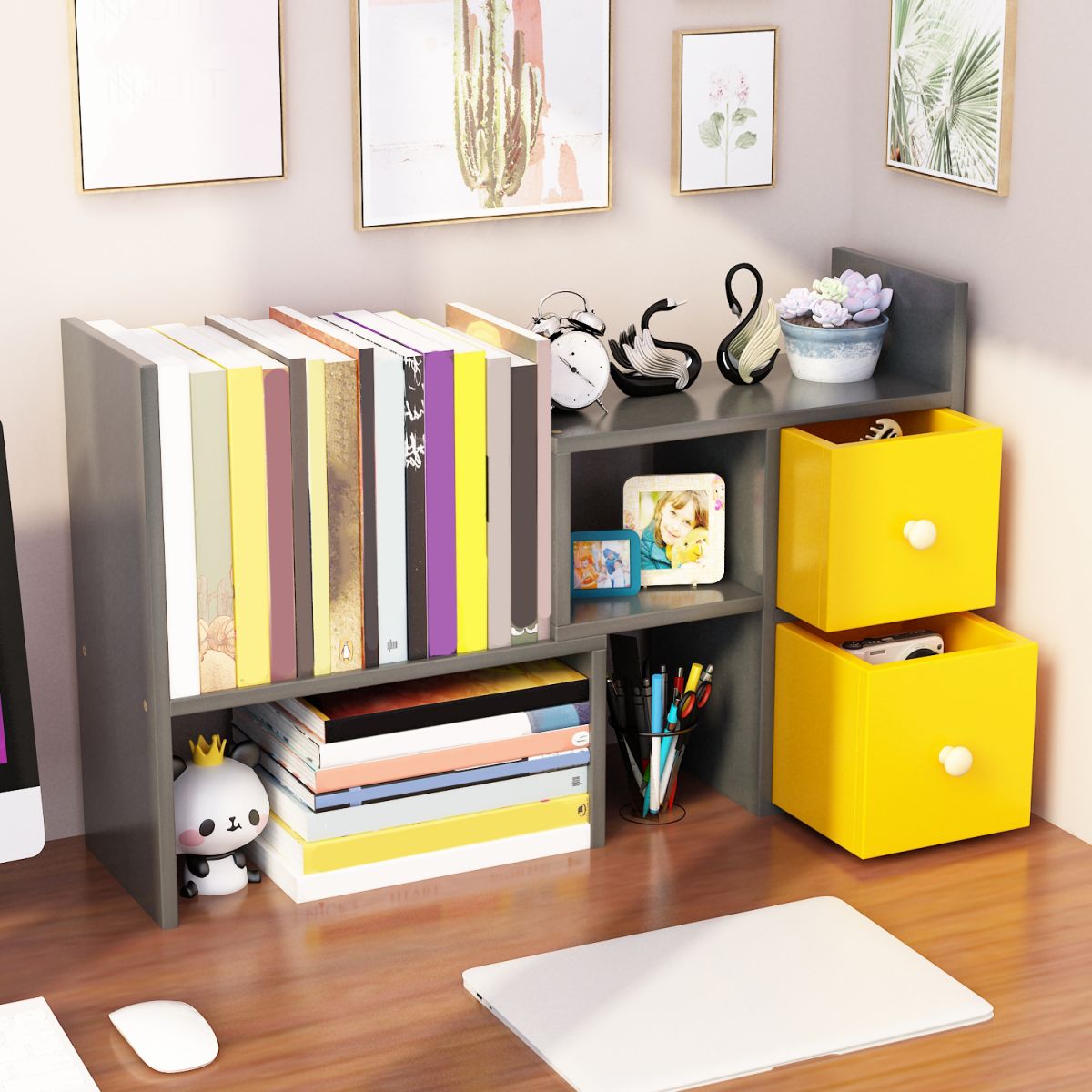 Modern Engineered Wood Bookcase, Geometric Bookshelf for Any Room,14" H X 7" W