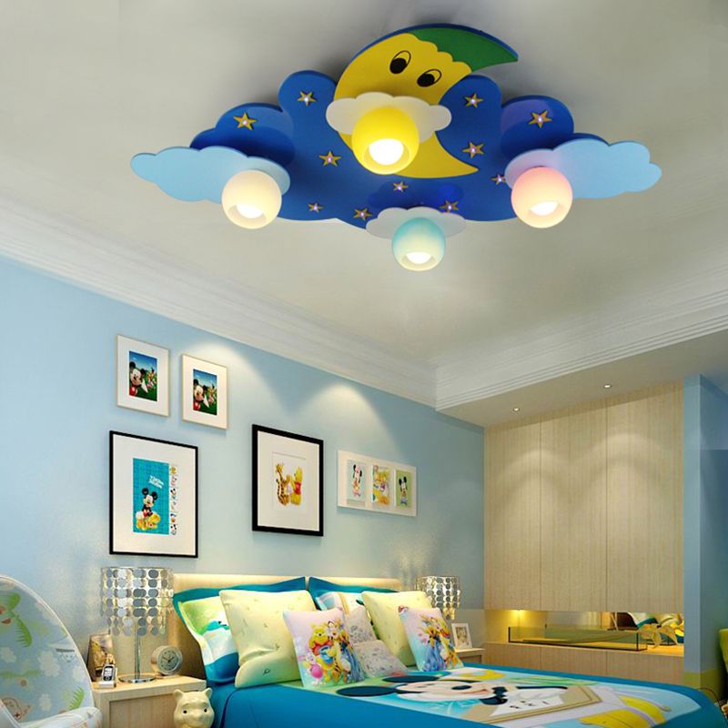 Cartoon Shape Wooden Ceiling Mounted Lamp Kids Style Blue Semi Flush Mount Lighting for Nursery
