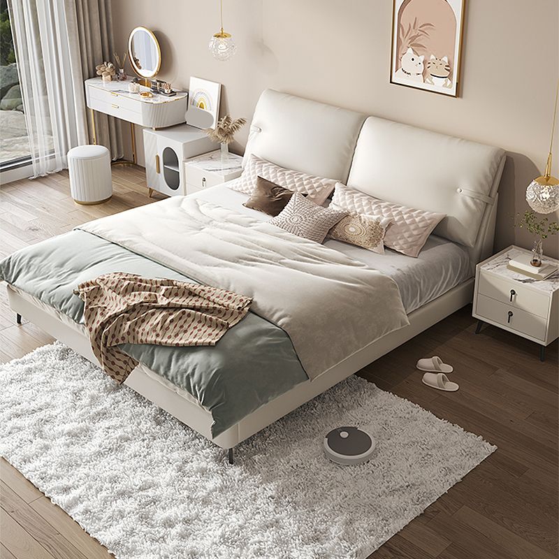 Modern Genuine Leather Bed Frame Pine Wood Panel Bed with Upholstered Headboard