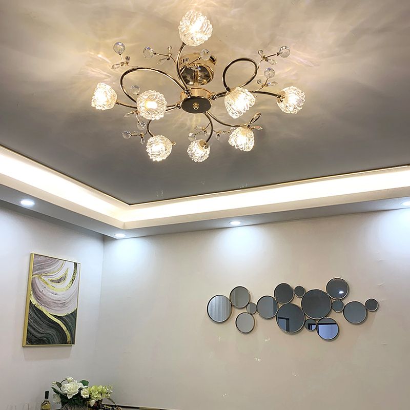 Lampe semi-affleurante en métal doré, éclairage de plafond traditionnel pour chambre à coucher avec abat-jour en verre fleuri