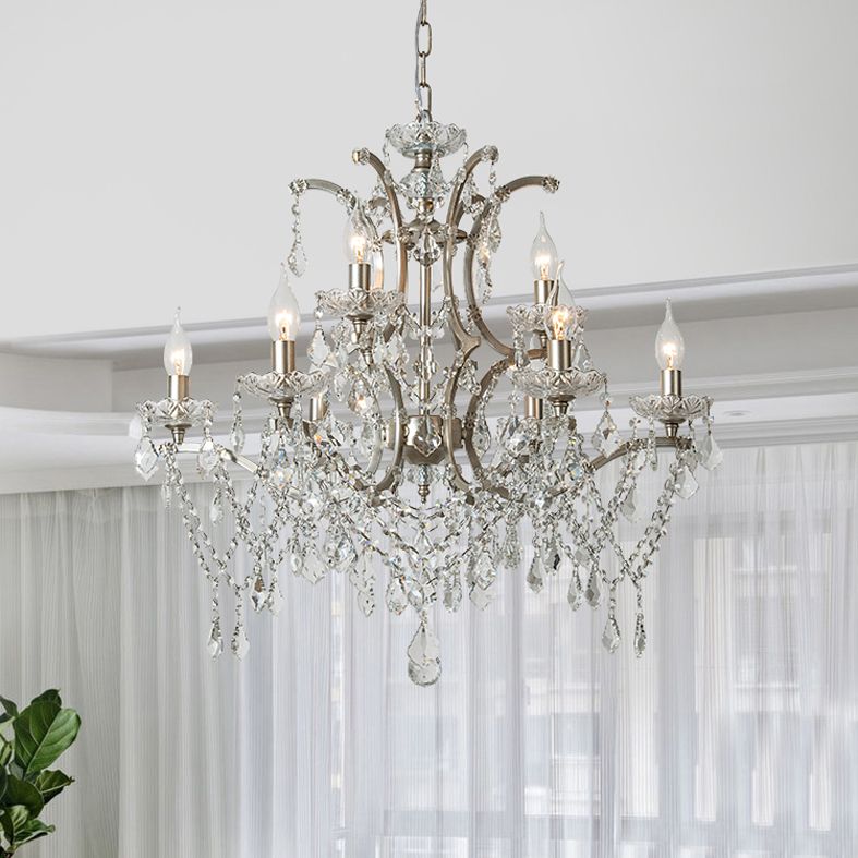 Rustic Style Crystal Large Chandelier Metal Candlestick Design Lighting Pendant with 23.6" Suspension Chain