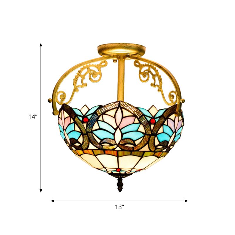 2 Lights Semi Flush Mount Lighting Mediterranean Petal Stained Glass Ceiling Lamp in Yellow/Brown/Blue for Bedroom