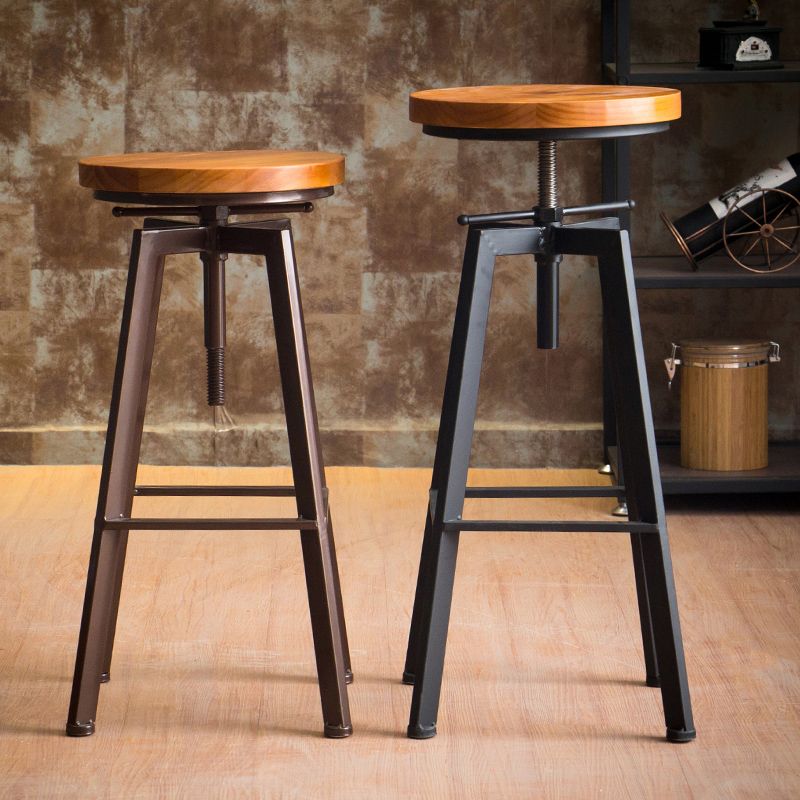 Modern Armless Counter Stool Iron Bar Stool with Wooden Seat and Pedal