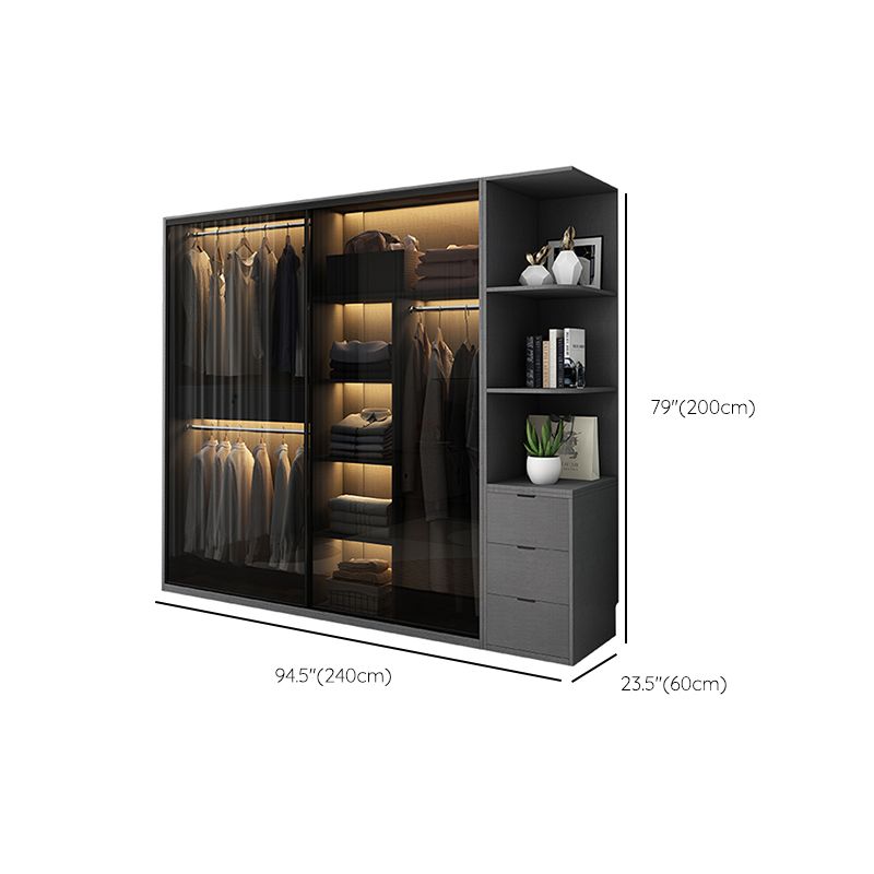 Glass and Wood Wardrobe Cabinet with Drawer Grey Wardrobe Closet