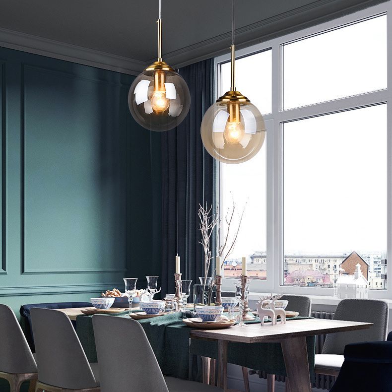 Globe Glass Hanging Lamp in Modern Creative Style Electroplate Metal Pendant Light for Dining Room