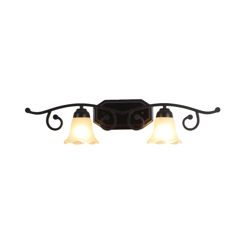 Floral White Glass Shade Vanity Lighting Countryside 2/3 Heads Bathroom Wall Mounted Lamp in Black