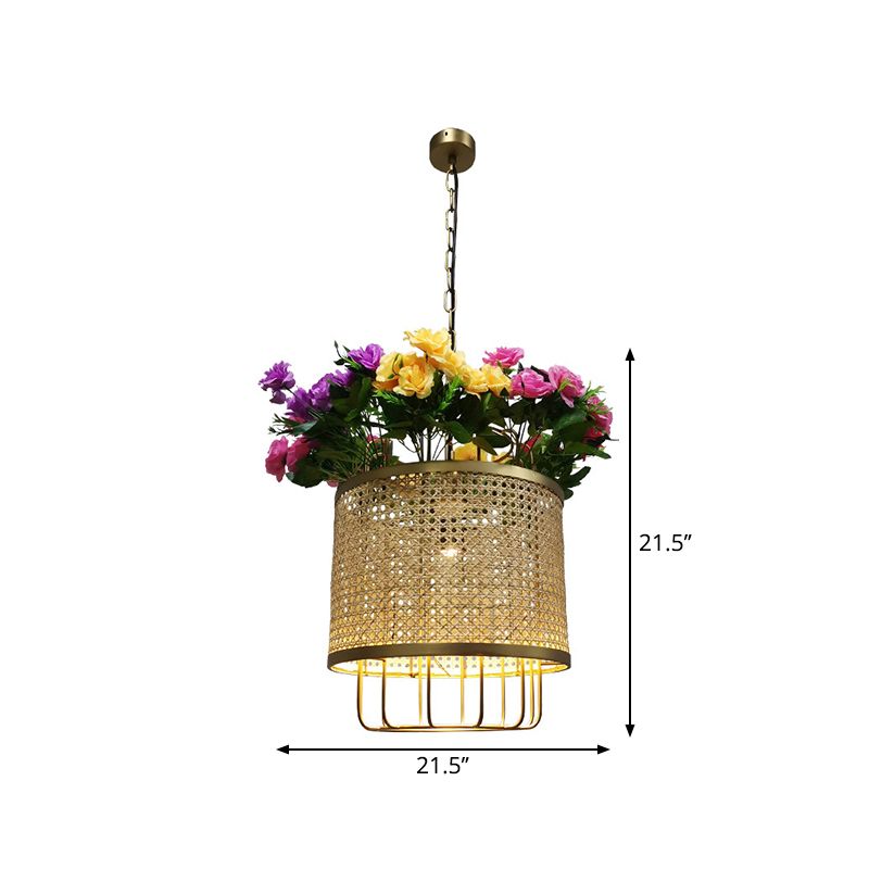 Loft Cylinder Pendant Ceiling Light 1 Light Metal Hanging Lamp Kit in Beige with Floral Deco