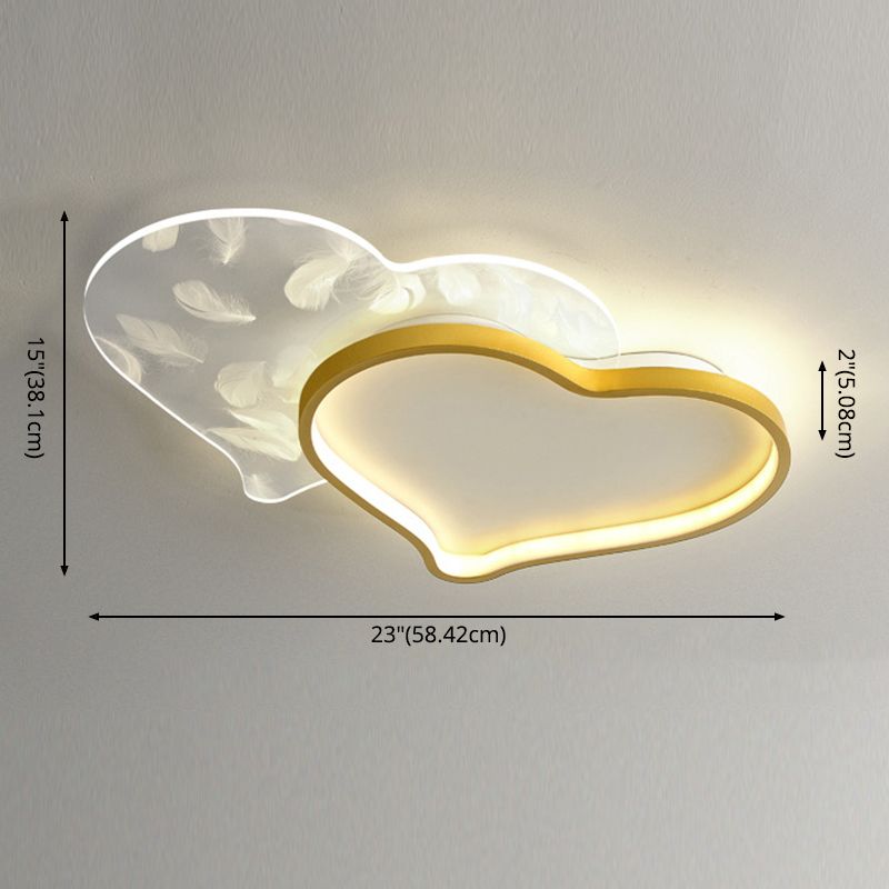 Nordic Double-Heart Shaped Flush Light Acryl Schlafzimmer LED Flush Mount Deckenleuchte mit Feder Dekor