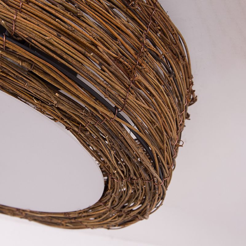 Luminaire de plafond encastré en rotin asiatique, tambour marron pour salle à manger