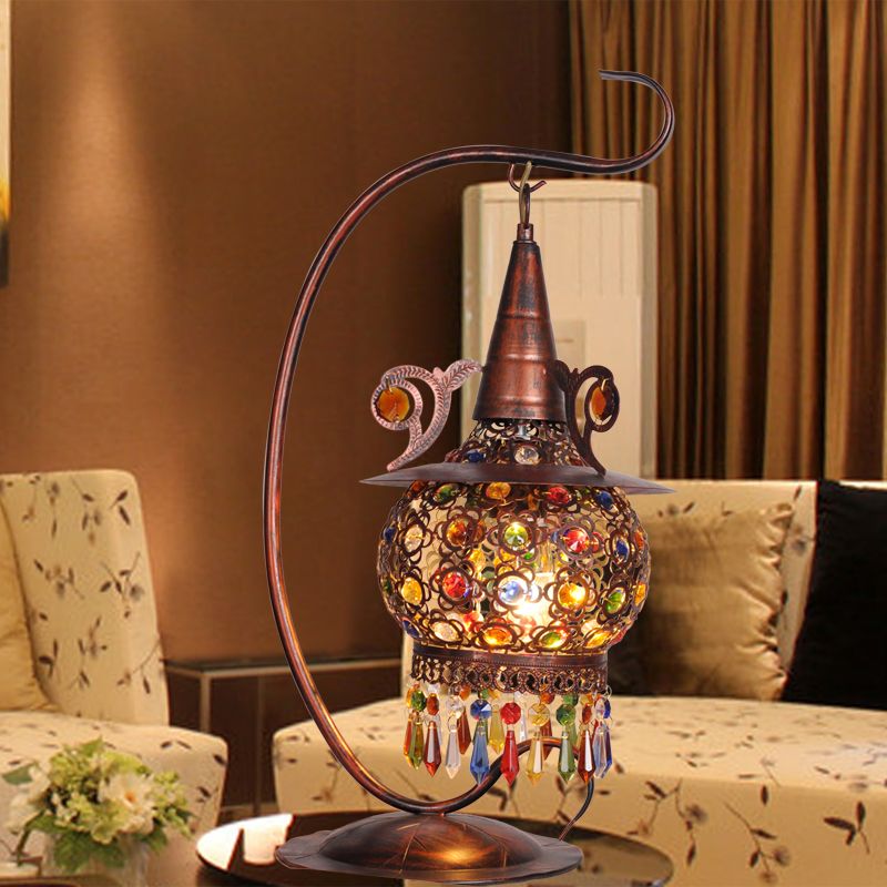 Rust Lantern Nightstand Light Bohemian Metal 1 Light Living Room Night Table Lighting with Curvy Arm