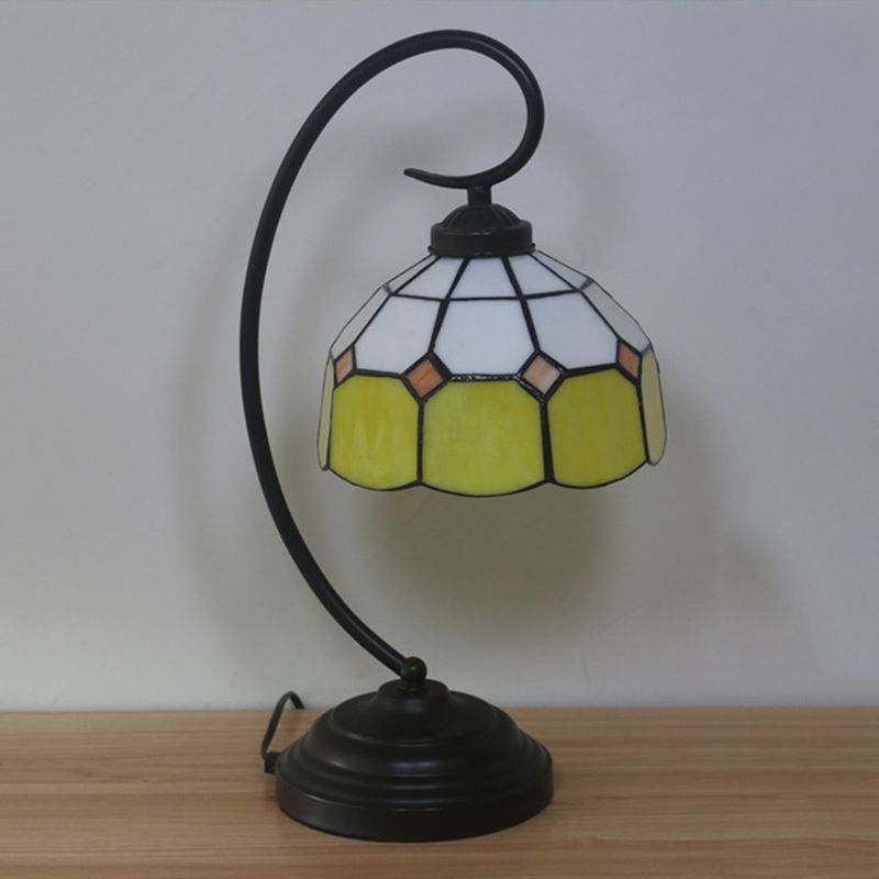 1 Head Grid Dome Night Table Lamp Baroque Orange/Blue/Yellow Cut Glass Task Lighting with Swirl Arm