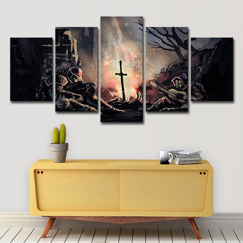 Fictional Dark Soul Soldier Canvas Living Room Wall Art Print in Brown, Multi-Piece