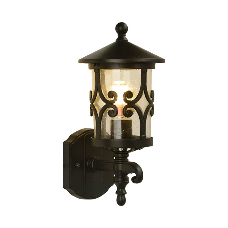 1-Light Wall Lighting Classic Lantern Clear Bubble/Crackle Glass Sconce Light in Dark Coffee for Courtyard