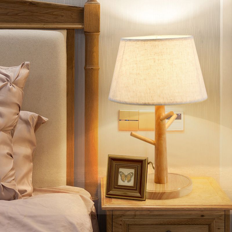 1 Head Tapered Drum Nightstand Lamp Contemporary Fabric Reading Book Light in Wood