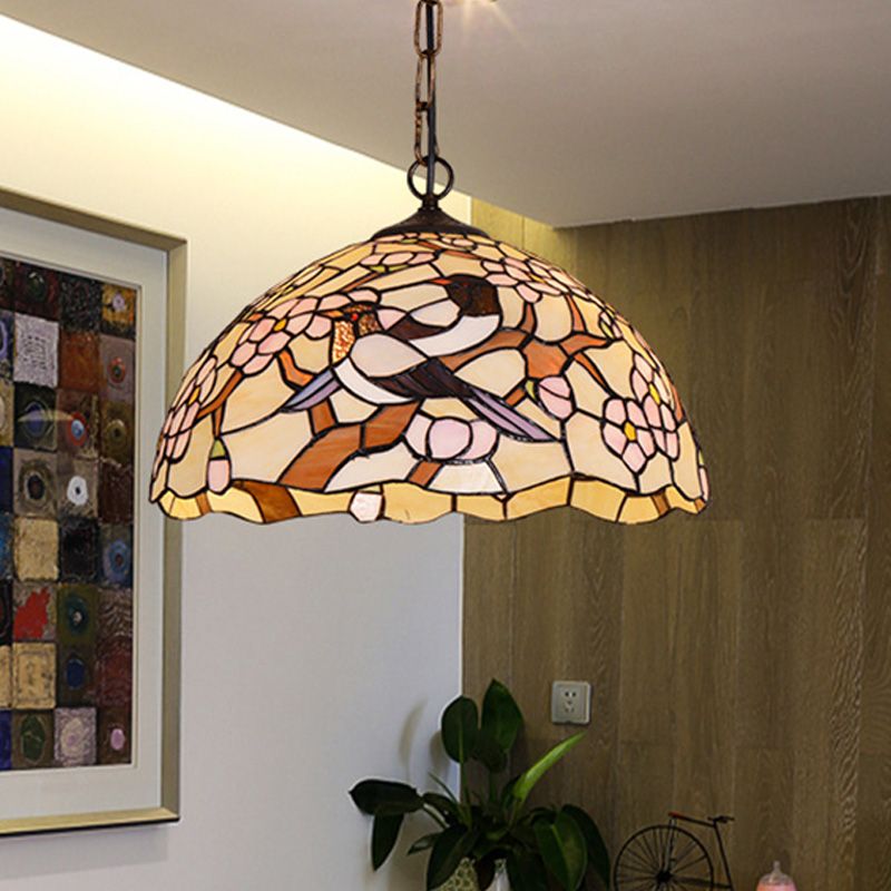 White Tropical Bird Hanging Pendant Victorian 1 Light Stained Art Glass Ceiling Lamp
