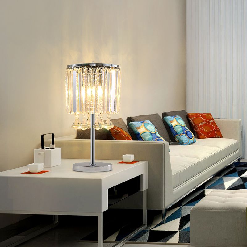 2 Heads Drum Task Light Modern Faceted Crystal Table Lamp in Chrome with Crystal Teardrop