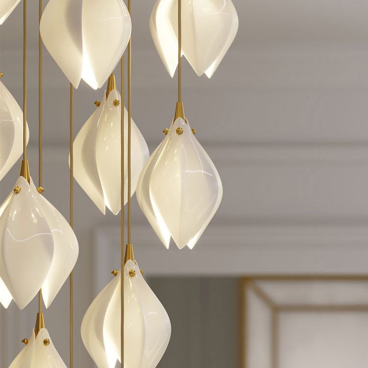 White Petaloid LED Hanging Light in Modern Creative Style Wrought Iron Cluster Pendant Light with Ceramic Shade
