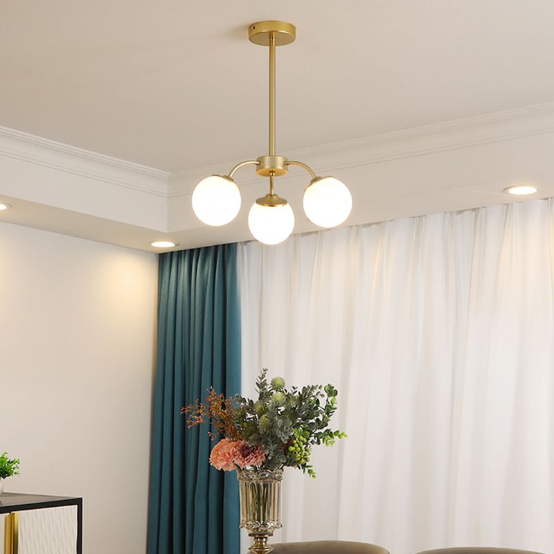 Gold Metal Chandelier Light Fixtures Modern 3-Head Globe Suspension Lamps with White Glass Shade
