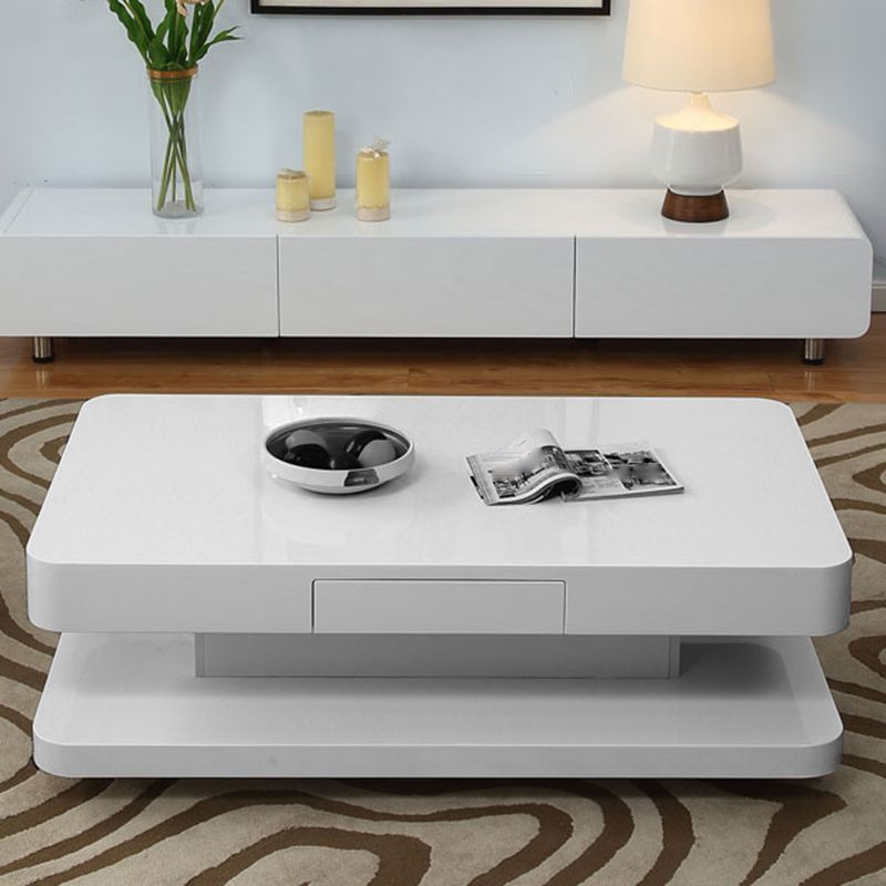 Rectangular White Glass/Wood Coffee Table Block 1 Single Cocktail Table with Drawer
