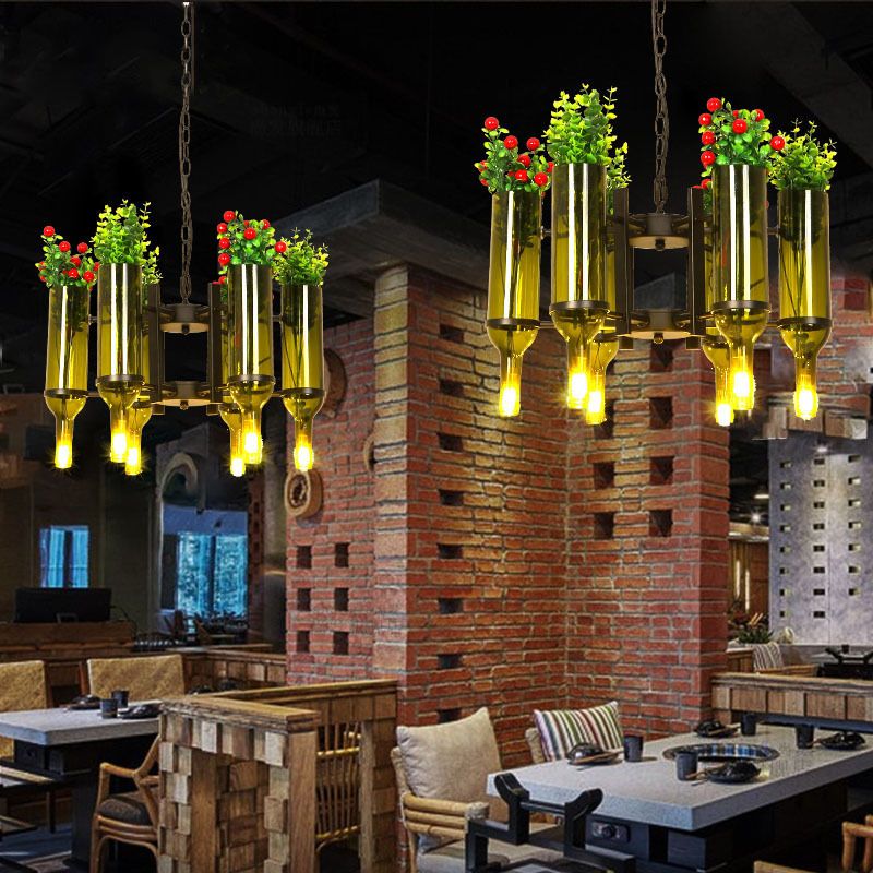 Metal Green Hanging Pendant Radial 6 Heads Industrial Chandelier Pendant Light with Plant Design