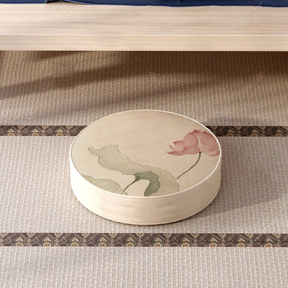 Modern Pouf Ottoman Cotton Upholstered Flower Printed Round Ottoman