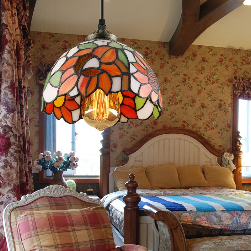 Tiffany-Style Hemisphere Pendant Lamp 1 Bulb Red/Orange/Orange-Green Stained Art Glass Ceiling Hanging Light