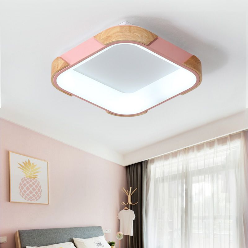 Macaron Square Flush Light Grey/White/Pink Wood LED Ceiling Light Fixture in Warm/White Light, 14"/18"/24" Wide