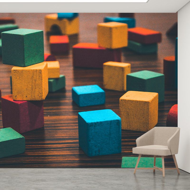 Cube Mural Wallpaper 3D Effect Modern Mildew Resistant Wall Decor for Child's Bedroom