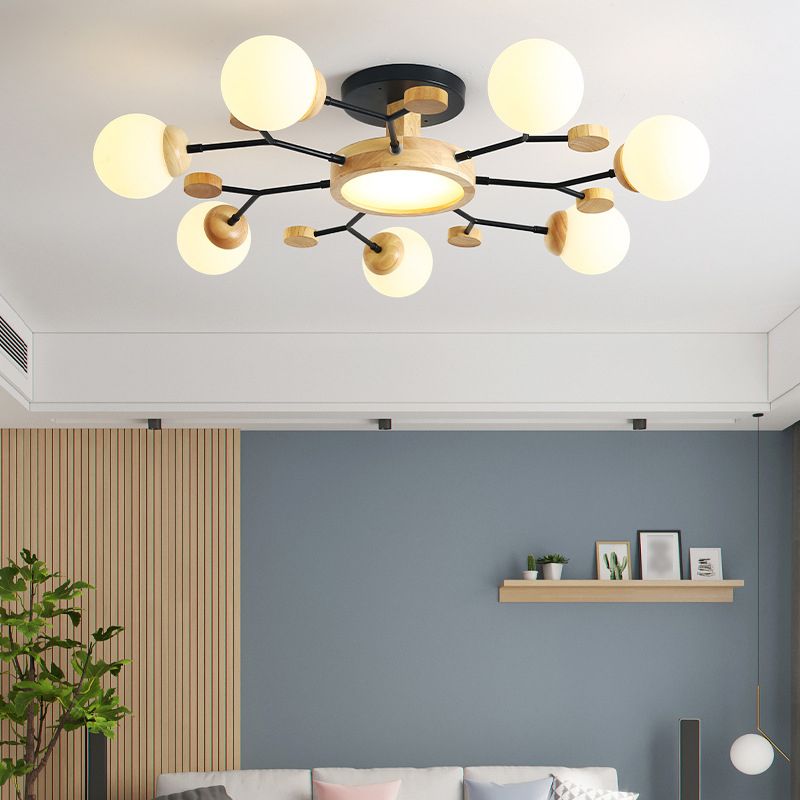 Nordic Solid Wood Ceiling Light White Glass Modos Semi Flush Light for Living Room