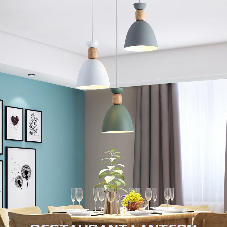 Moderne beknopte macaron hangende lamp houten koepel hanger licht met gelakte ijzeren schaduw